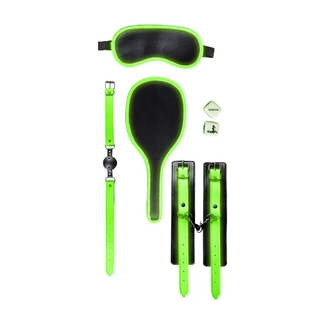 Set OUCH! Bondage Kit Glow In The Dark, pentru jocuri BDSM, cu cătușe, căluș, mască, paletă și zaruri, negru cu verde fosforescent 1 Set OUCH! Bondage Kit Glow In The Dark, pentru jocuri BDSM, cu cătușe, căluș, mască, paletă și zaruri, negru cu verde fosforescent