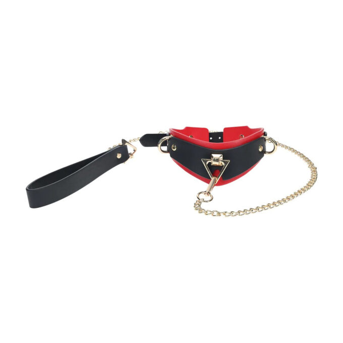 Set OUCH! Collar with Leash - Milan Collection, pentru jocuri erotice BDSM, cu lanț auriu, din piele îmbinată, culoare negru cu roșu 1 Set OUCH! Collar with Leash - Milan Collection, pentru jocuri erotice BDSM, cu lanț auriu, din piele îmbinată, culoare negru cu roșu