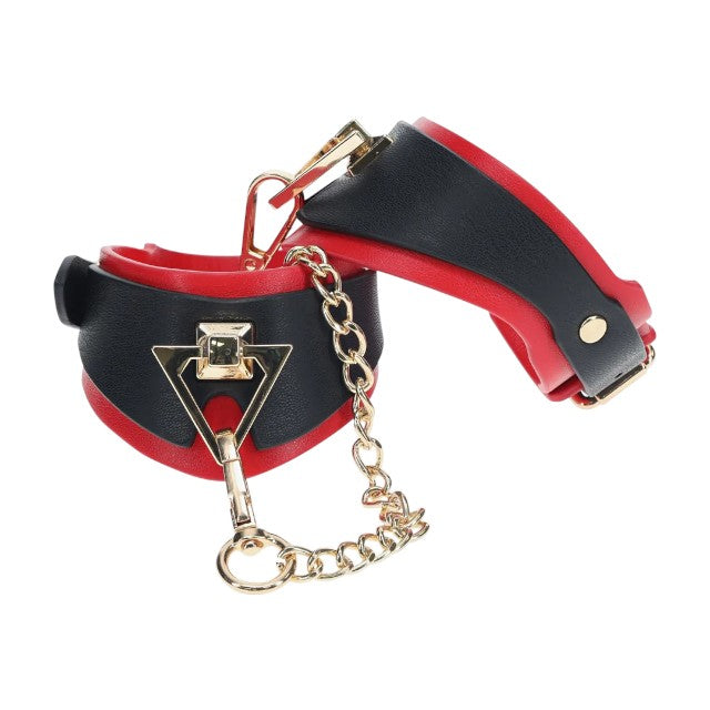 Cătușe OUCH! Handcuffs - Milan Collection, pentru jocuri erotice BDSM, cu lanț auriu, din piele îmbinată, culoare negru cu roșu 1 Cătușe OUCH! Handcuffs - Milan Collection, pentru jocuri erotice BDSM, cu lanț auriu, din piele îmbinată, culoare negru cu roșu
