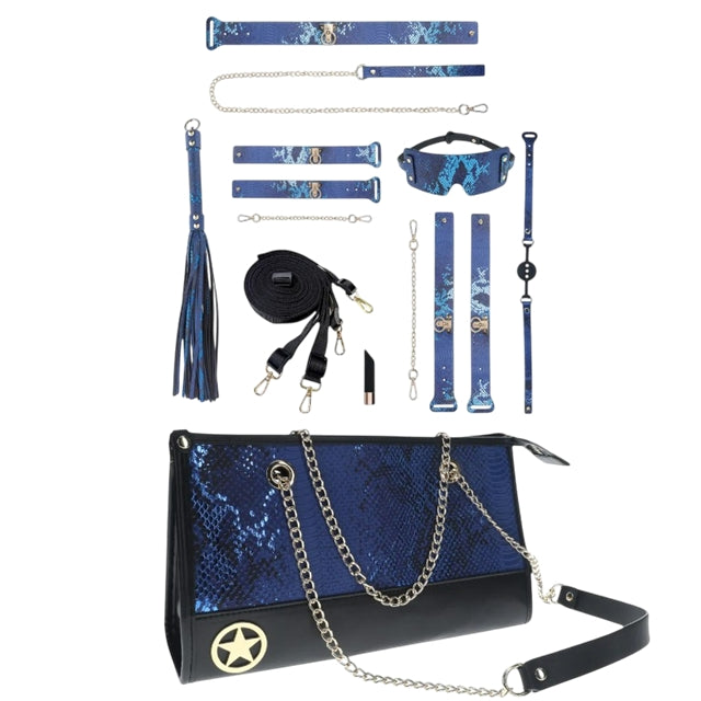 Set OUCH! Kit with Bag - Florence Collection, 9 produse pentru jocuri BDSM, cu cătușe, mască, lesă, căluș, bici și geantă, albastru 1 Set OUCH! Kit with Bag - Florence Collection, 9 produse pentru jocuri BDSM, cu cătușe, mască, lesă, căluș, bici și geantă, albastru