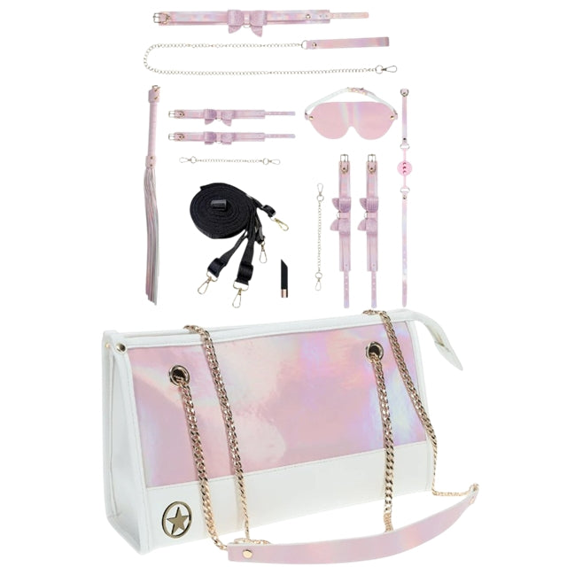 Set OUCH! Kit with Bag - Paris Collection, 9 produse pentru jocuri BDSM, cu cătușe, mască, lesă, căluș, bici și geantă, roz cu alb 1 Set OUCH! Kit with Bag - Paris Collection, 9 produse pentru jocuri BDSM, cu cătușe, mască, lesă, căluș, bici și geantă, roz cu alb