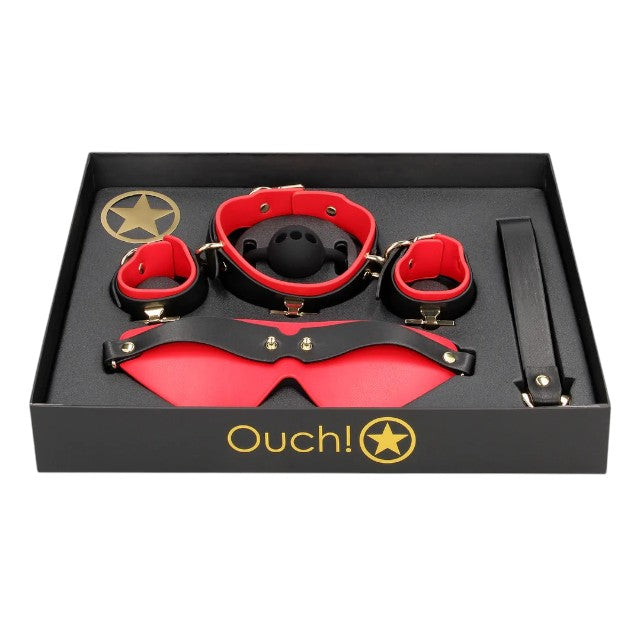 Set bondage OUCH! Sample Box - Milan Collection, pentru jocuri erotice BDSM, cu mască, cătușe, căluș și zgardă, culoare roșu cu negru 1 Set bondage OUCH! Sample Box - Milan Collection, pentru jocuri erotice BDSM, cu mască, cătușe, căluș și zgardă, culoare roșu cu negru