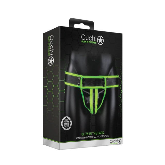 Chilot sexy bărbați OUCH! Striped Jockstrap Glow In The Dark, cu capse, negru cu verde fosforescent, mărime L/XL