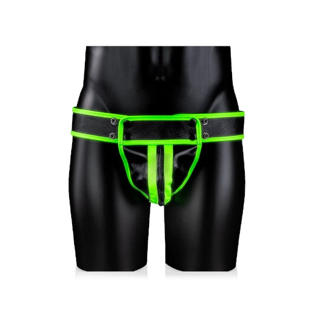 Chilot sexy bărbați OUCH! Striped Jockstrap Glow In The Dark, cu benzi subțiri pe fese, negru cu verde fosforescent, L/XL
