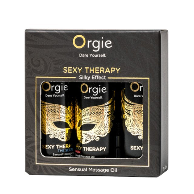 Set ulei masaj Orgie - Sexy Therapy, pentru corp, cu aroma de vanilie, iasomie, ananas, frezie, lemnos, 3 x 30 ml