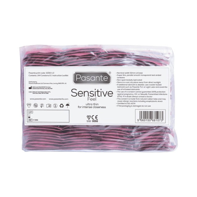 Prezervative PASANTE Sensitive Feel, din latex, ultra-subțiri și rezistente, diametru 52 mm, 144 bucăți