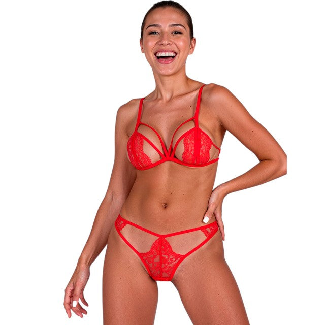 Lenjerie sexy 2 piese PASSION Anuvera, sutien și chilot tanga din dantelă, cu decupaje, roșu, mărime S/M