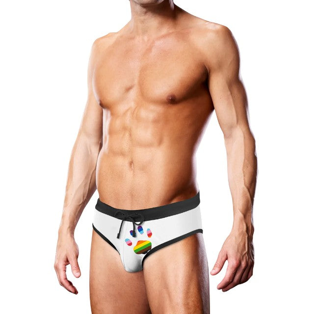 Slip de înot bărbați PROWLER Swim Brief Oversized Paw, cu design labă cu steag Pride, culoare alb, mărime M