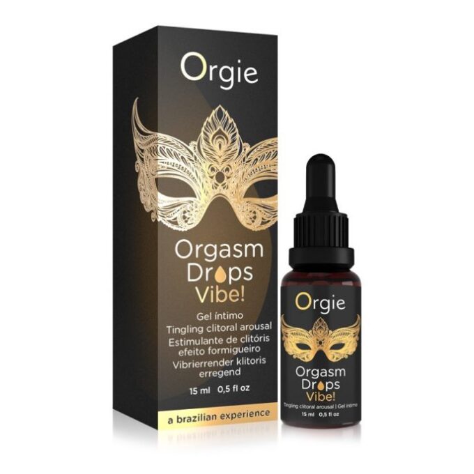 Gel intim ORGIE Orgasm Drops Vibe!, cu efect de furnicături, pentru stimularea clitorisului și orgasm intens, aromă de piersică, 15 ml