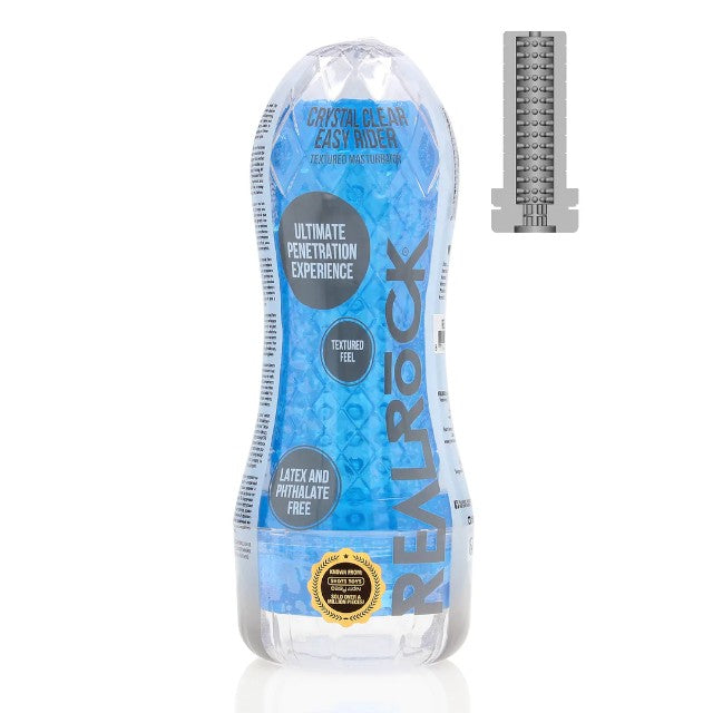 Masturbator manual REALROCK Crystal Clear Easy Rider, texturat pentru stimulare intensă, din TPE, rezistent la apă, albastru 1 Masturbator manual REALROCK Crystal Clear Easy Rider, texturat pentru stimulare intensă, din TPE, rezistent la apă, albastru
