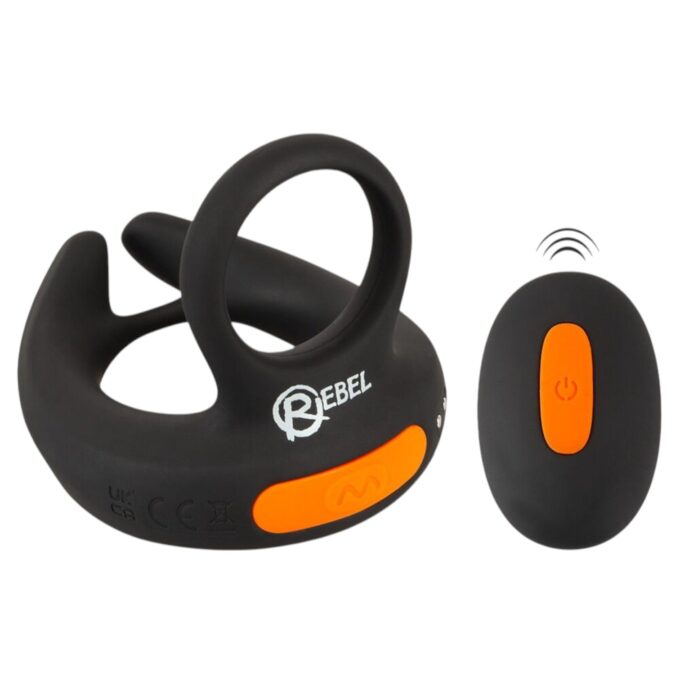 Inel dublu pentru penis REBEL Scrotum Stimulator, control prin telecomandă, 10 funcții de vibrație, negru cu portocaliu 1 Inel dublu pentru penis REBEL Scrotum Stimulator, control prin telecomandă, 10 funcții de vibrație, negru cu portocaliu