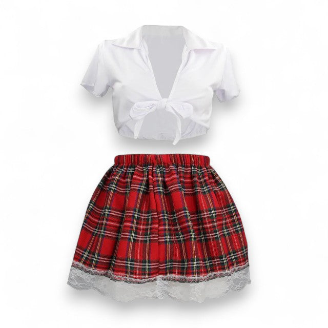 Costum sexy școlăriță S-LINE BY SHOTS Schoolgirl Costume, pentru roleplay, cămașă cu fustă în carouri, mărime S/M, alb-roșu