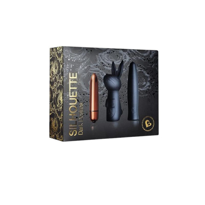 Set SILHOUETTE Dark Desires cu vibrator bullet + 2 huse interschimbabile, 7 funcții de vibrație, rezistent la apă, bronz cu negru 1 Set SILHOUETTE Dark Desires cu vibrator bullet + 2 huse interschimbabile, 7 funcții de vibrație, rezistent la apă, bronz cu negru