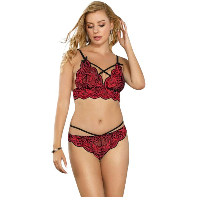 Lenjerie set 2 piese Subblime rosu si negru, model cu bustiera din dantela si chilot tanga, marime S/M 1 Lenjerie set 2 piese Subblime rosu si negru, model cu bustiera din dantela si chilot tanga, marime S/M