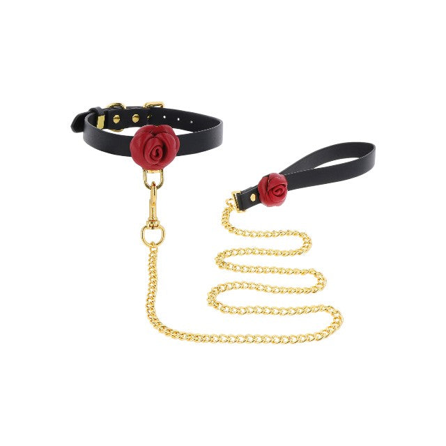 Set TABOOM Collar & Leash Wild Roses pentru jocuri erotice BDSM, cu trandafiri decorativi, din piele naturală, culoare negru cu roșu 1 Set TABOOM Collar & Leash Wild Roses pentru jocuri erotice BDSM, cu trandafiri decorativi, din piele naturală, culoare negru cu roșu