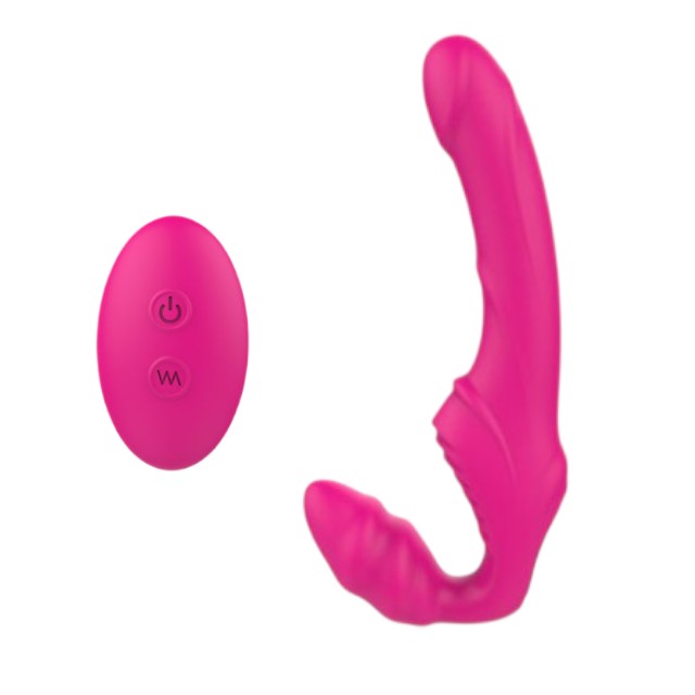 Vibrator dublu TOYZ4LOVERS Elys Love Gun, strap-on fără ham, control prin telecomandă, cu vibrații multiple, 21.8 cm, roz 1 Vibrator dublu TOYZ4LOVERS Elys Love Gun, strap-on fără ham, control prin telecomandă, cu vibrații multiple, 21.8 cm, roz