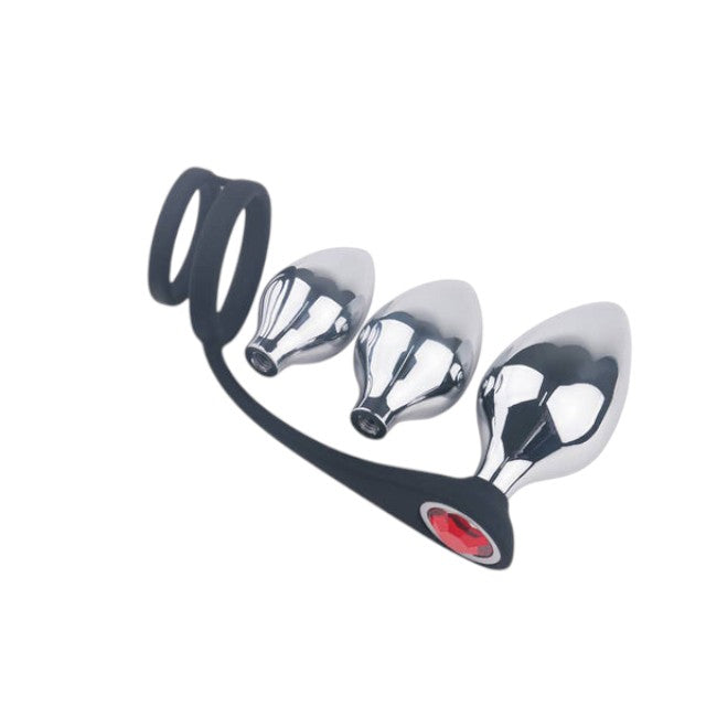 Set plug anal TOYZ4LOVERS Elys Pleasure Bully, 3 dopuri anale cu inel detașabil pentru penis, lungimi 5 - 6.9 cm, argintiu cu negru 1 Set plug anal TOYZ4LOVERS Elys Pleasure Bully, 3 dopuri anale cu inel detașabil pentru penis, lungimi 5 - 6.9 cm, argintiu cu negru
