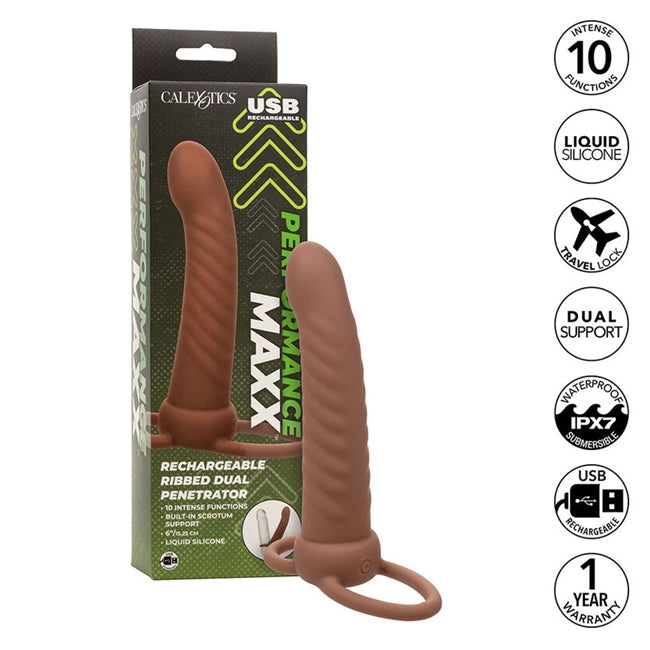 Strap-On CALEXOTICS - MAXX RIBBED, pentru dubla penetrare, 10 functii de vibrare, 15 cm, maro 1 Strap-On CALEXOTICS - MAXX RIBBED, pentru dubla penetrare, 10 functii de vibrare, 15 cm, maro