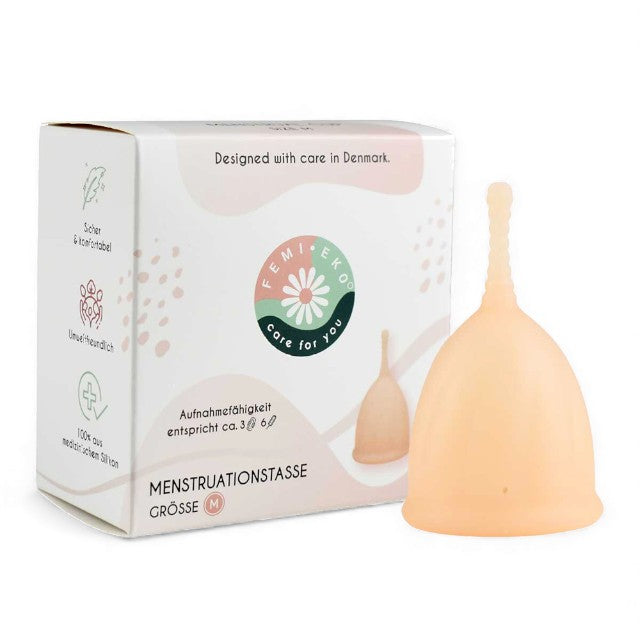 Cupe menstruale FEMI.EKO®, din silicon medical, protecție până la 12 ore, mărime M, bej 1 Cupe menstruale FEMI.EKO®, din silicon medical, protecție până la 12 ore, mărime M, bej