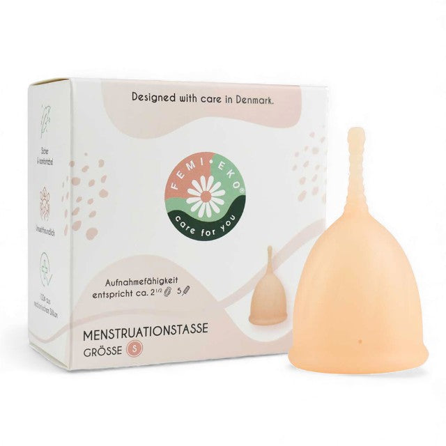Cupe menstruale FEMI.EKO®, din silicon medical, protecție până la 12 ore, mărime S, bej 1 Cupe menstruale FEMI.EKO®, din silicon medical, protecție până la 12 ore, mărime S, bej