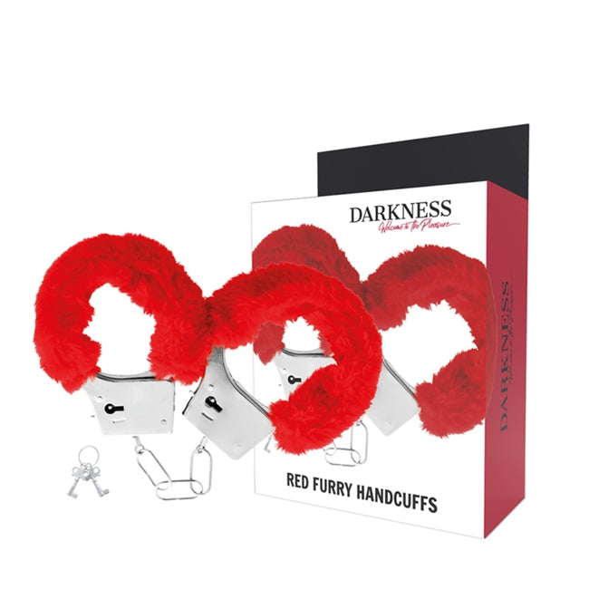 Cătușe erotice DARKNESS - RED FURRY cu puf rosu pentru purtare confortabilă 1 Cătușe erotice DARKNESS - RED FURRY cu puf rosu pentru purtare confortabilă