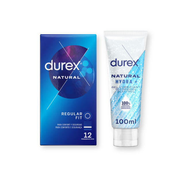 Pachet pentru cupluri: Prezervative Durex Natural Regular Fit, 54 mm, 12 buc + Lubrifiant pe bază de apă Durex Natural Hidratante, 100 ml