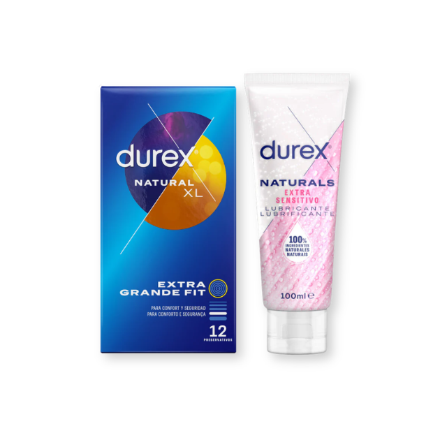 Pachet pentru cupluri: Prezervative Durex Natural XL, 12 buc + Lubrifiant pe bază de apă Durex Natural Extra Sensitivo, 100 ml