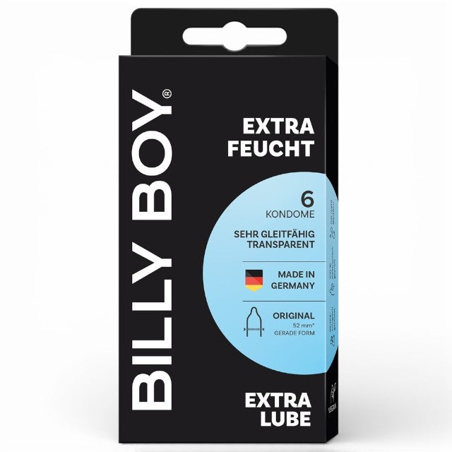 Prezervative BILLY BOY Extra Lube, din latex natural, extra-lubrifiate și rezistente, 52 mm, culoare transparent, 6 buc