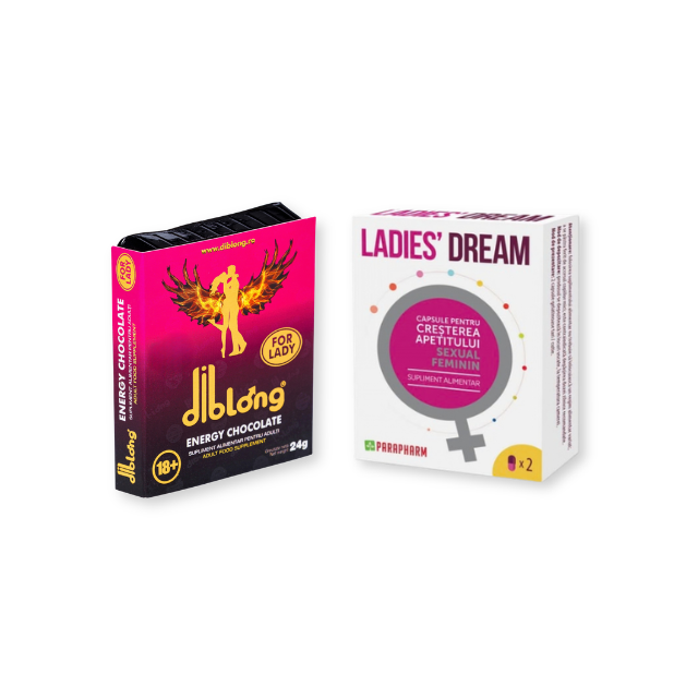 Pachet pentru femei: Capsule afrodisiace LADIES DREAM, 2 buc + Supliment alimentar pe bază de ciocolată DIBLONG Energy Chocolate for Lady, 24 g