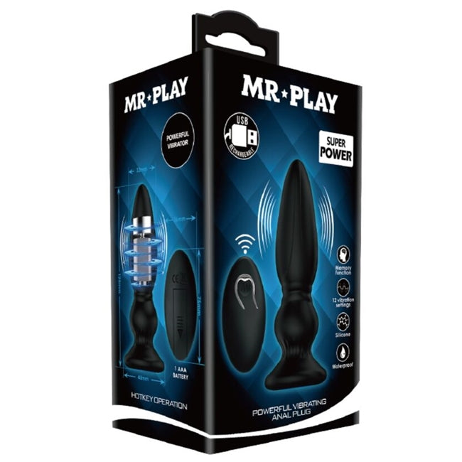 Plug anal electric MR PLAY, cu telecomanda, din silicon, cu 12 functii de vibrare, negru 1 Plug anal electric MR PLAY, cu telecomanda, din silicon, cu 12 functii de vibrare, negru