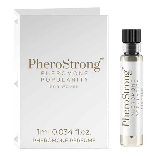 Mostră parfum cu feromoni PHEROSTRONG Popularity For Women, pentru femei, note de bujor, iasomie și mosc, 1 ml