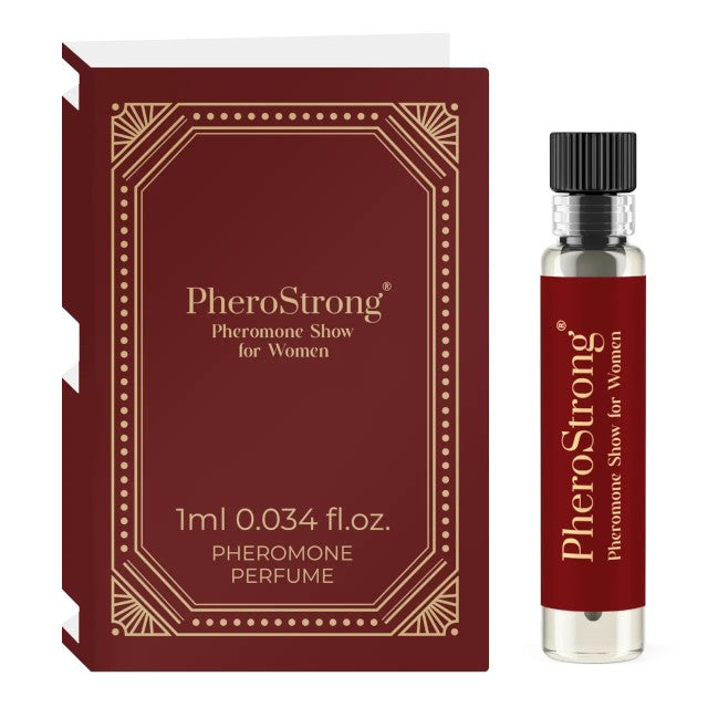 Mostră parfum cu feromoni PHEROSTRONG Show For Women, pentru femei, note de lichior, trandafir turcesc și scorțișoară, 1 ml