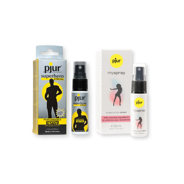Pachet pentru cupluri: Spray bărbați PJUR Superhero Performance STRONG, 20 ml + Spray femei PJUR MySpray Stimulation Original, 20 ml