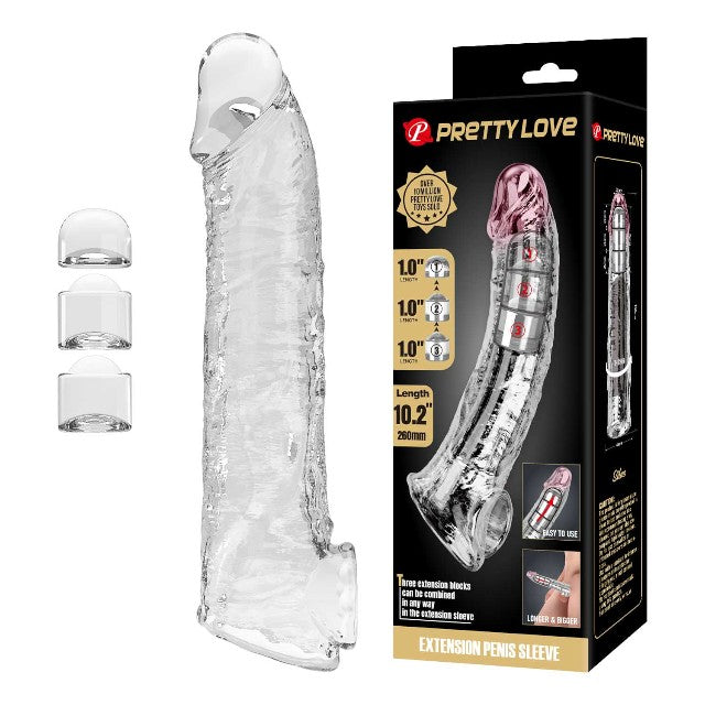Manșon realist PRETTY LOVE Silas, cu 3 inserții detașabile pentru ajustarea adâncimii, inel pentru testicule, transparent, 26 cm