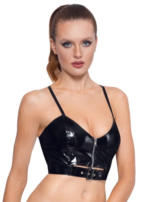 Top Scurt din Vinil cu Catarama si Fermoar, Negru, XS